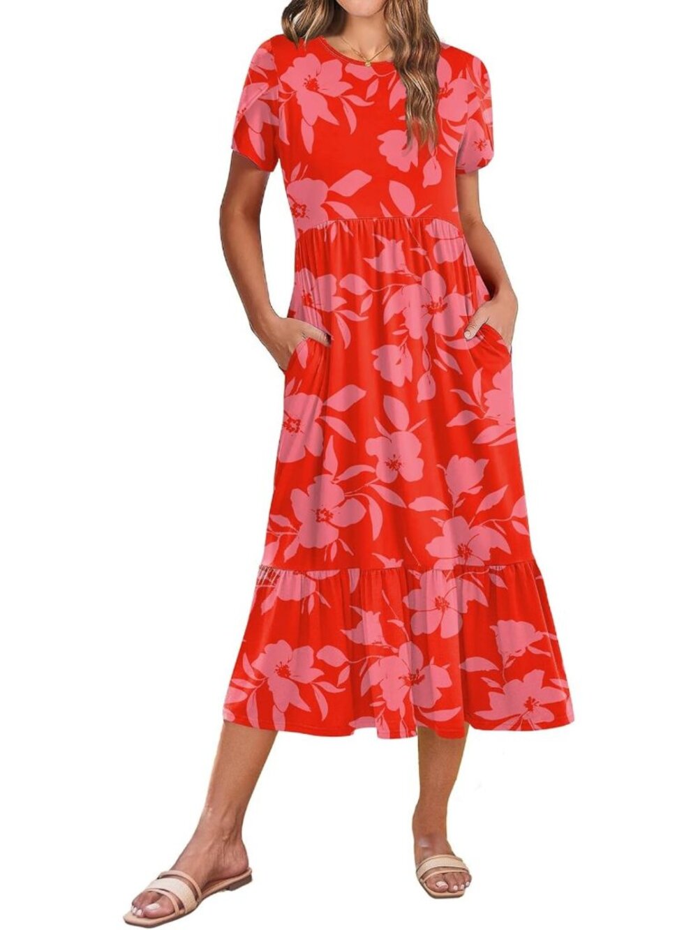 Summer Midi A-Line Dress for Women | Casual Flowy Tiered Sundress with Pockets